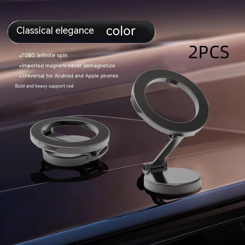 Black all-metal magnetic car phone mount with foldable bracket on vehicle dashboard