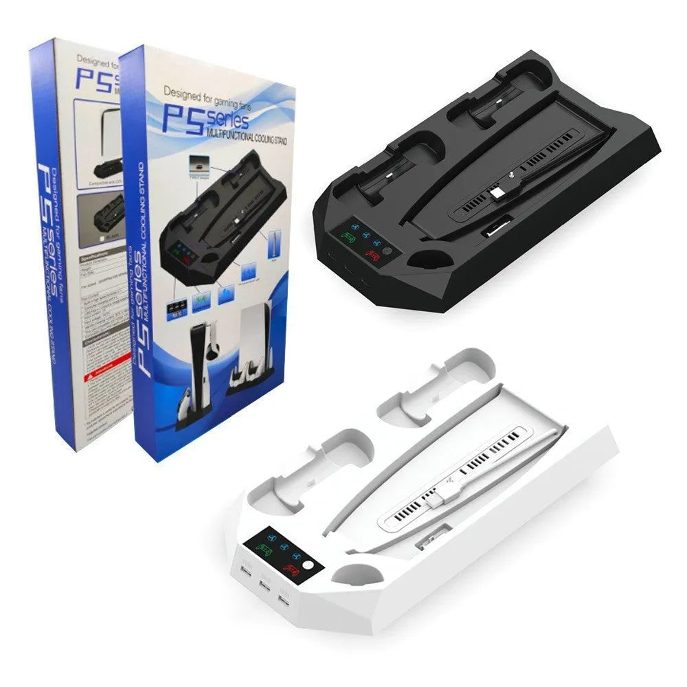 Black and white PS5 charging station with controller dock and headset hook