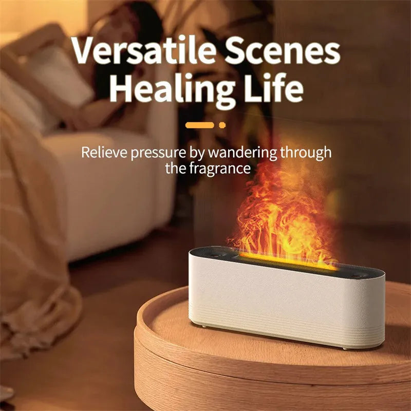 Black ultrasonic humidifier with LED flame lighting and water mist emission