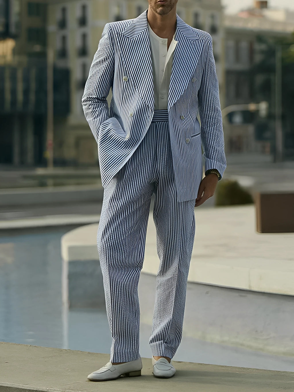 Blue and white striped polyester suit set for men with blazer and trousers