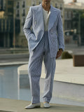 Blue and white striped polyester suit set for men with blazer and trousers
