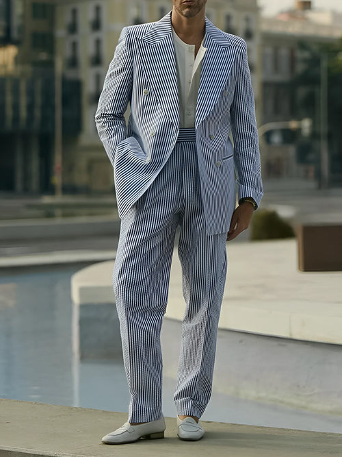 Blue and white striped polyester suit set for men with blazer and trousers