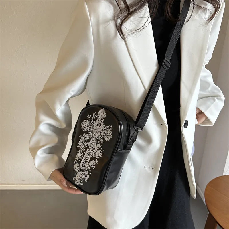 Halloween graffiti mini crossbody phone bag with cartoon pumpkin ghost bat print in black colour