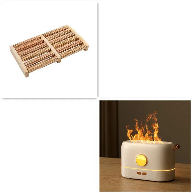 Black USB flame humidifier with 200ml water tank on wooden desktop with mist and simulated flame effect