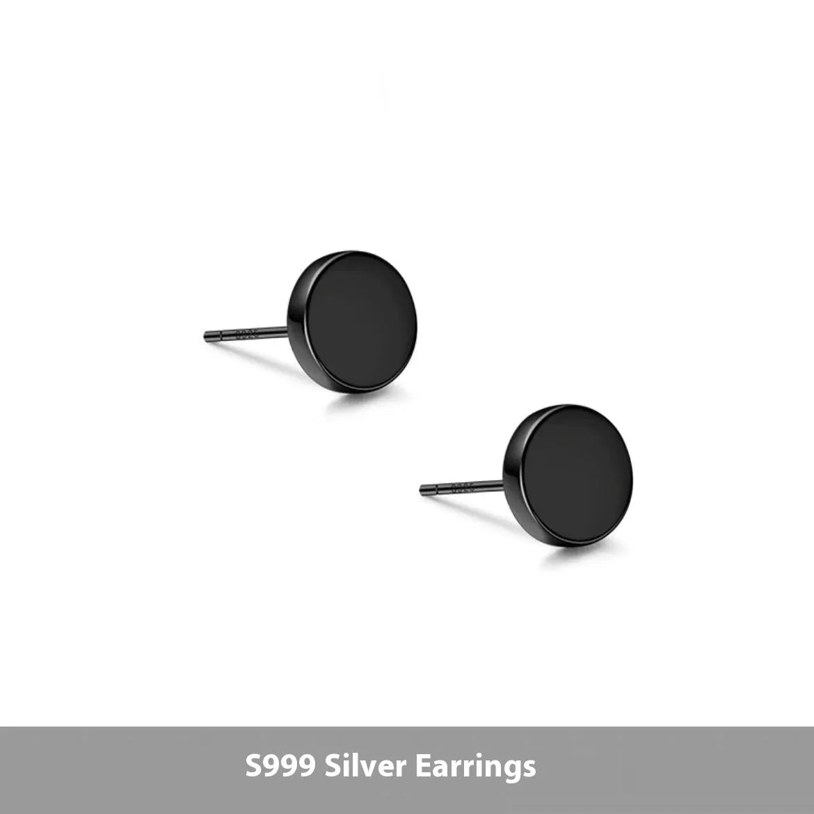 A pair of simple geometric round S999 Sterling Silver flat bone stud earrings in silver and black, showing size variation.