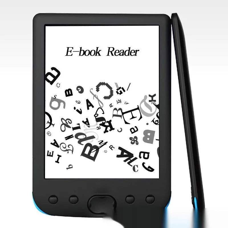 Black 6-inch E-ink screen e-book reader showing its display and sleek body.