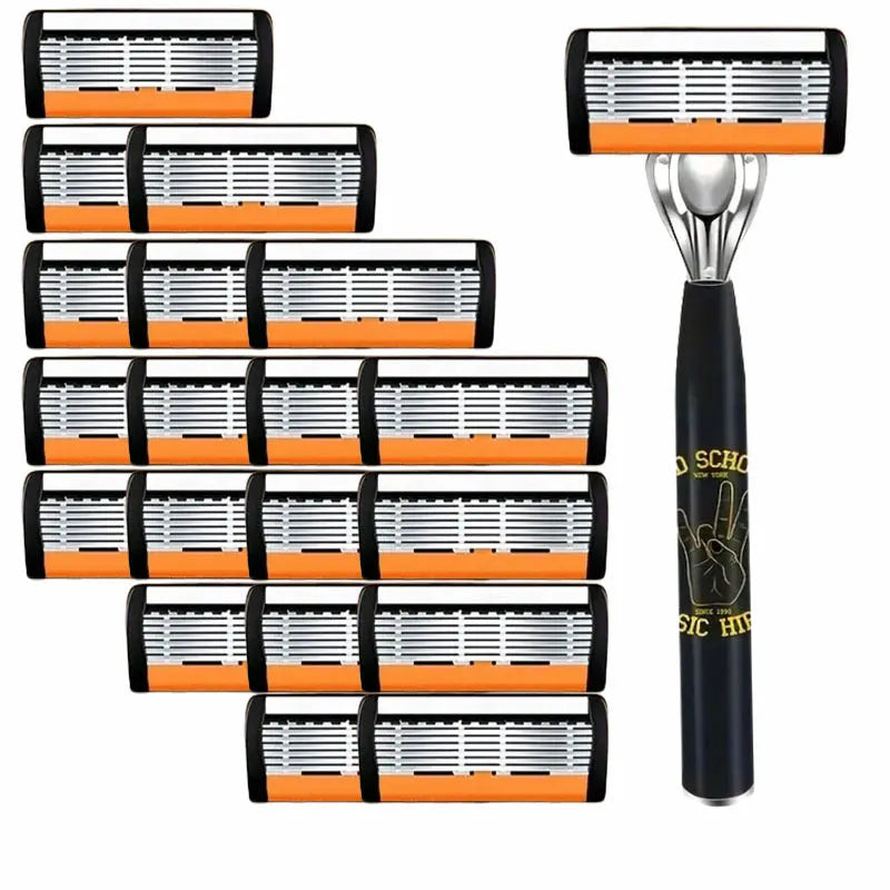 Black manual shaver handle with six-layer finger grip design and multiple blade configurations