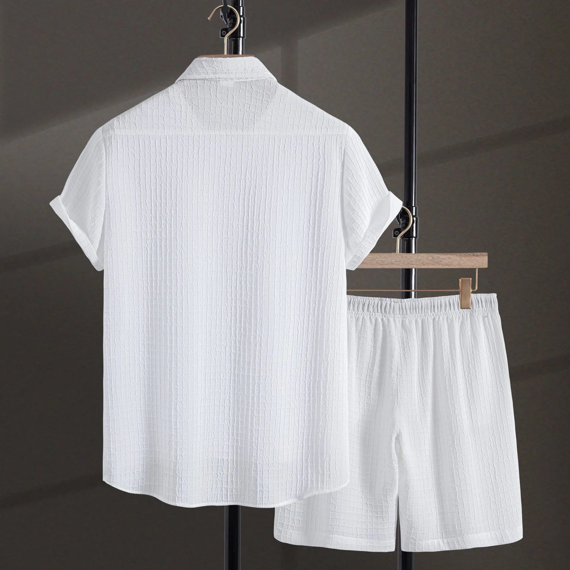 Men's black cotton blend jacquard short sleeve shirt and shorts casual set