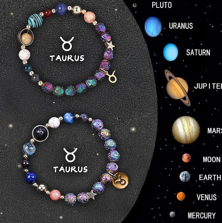Two natural stone beaded bracelets showing different zodiac sign charms on an adjustable cord.