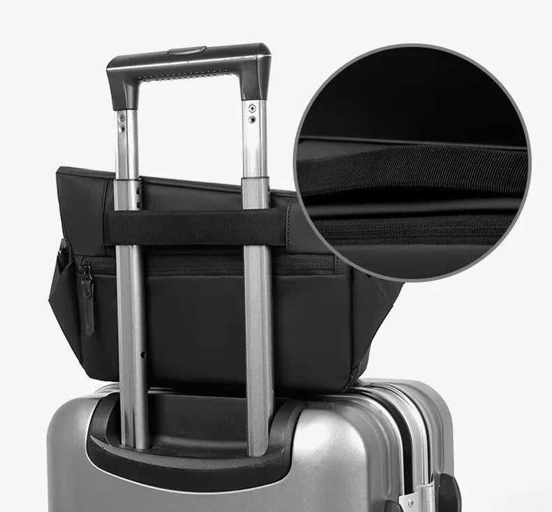 Men's grey medium crossbody sling bag showing internal phone and document compartments