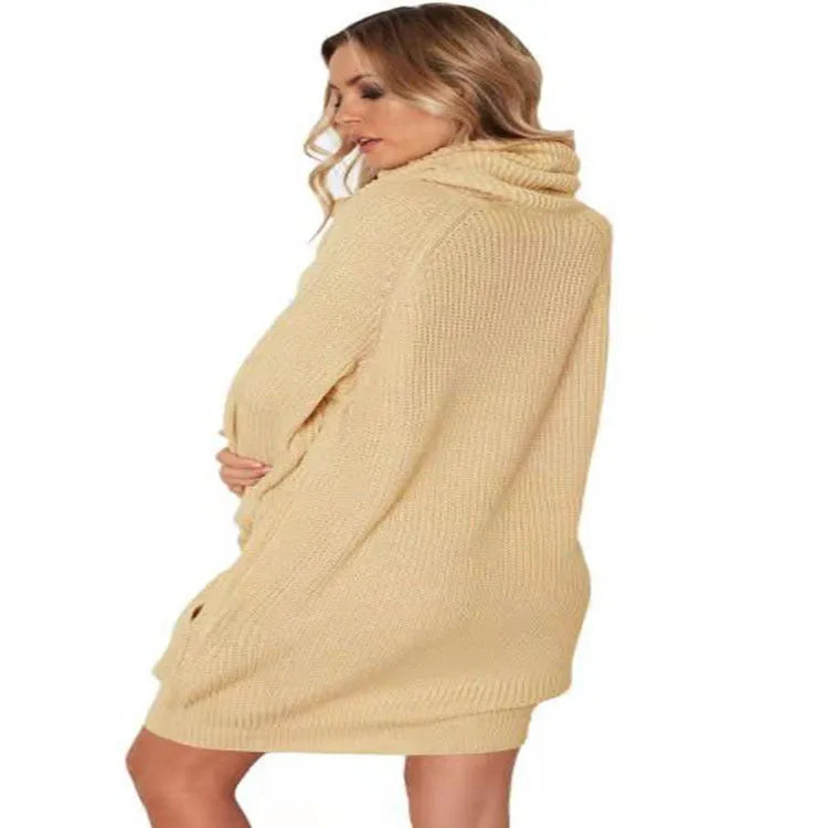 Women's lapel collar loose fit mid-length sweater in imitation cashmere, shown in apricot colour.