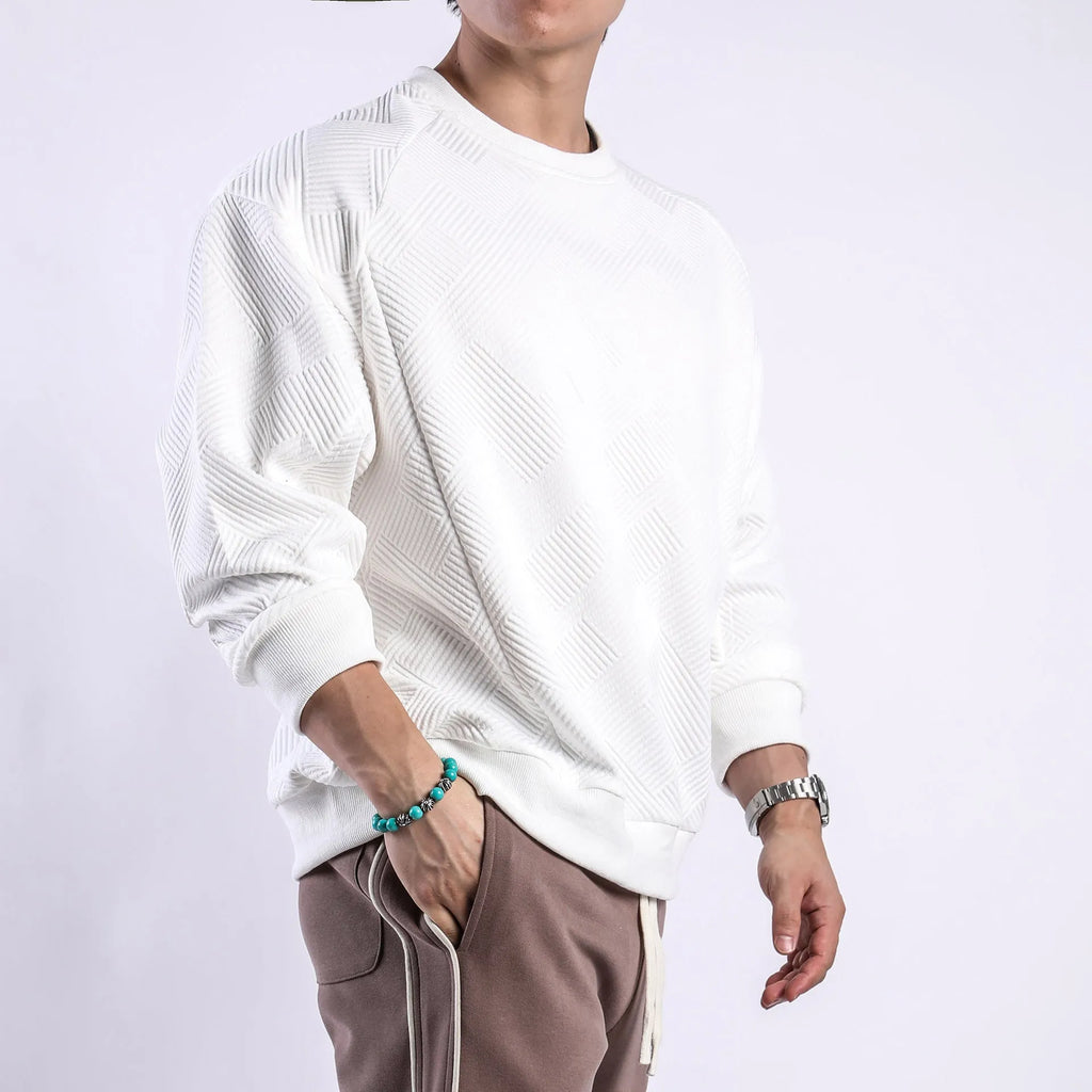 Men's loose twill jacquard long-sleeved pullover sweater in solid colour options for casual wear