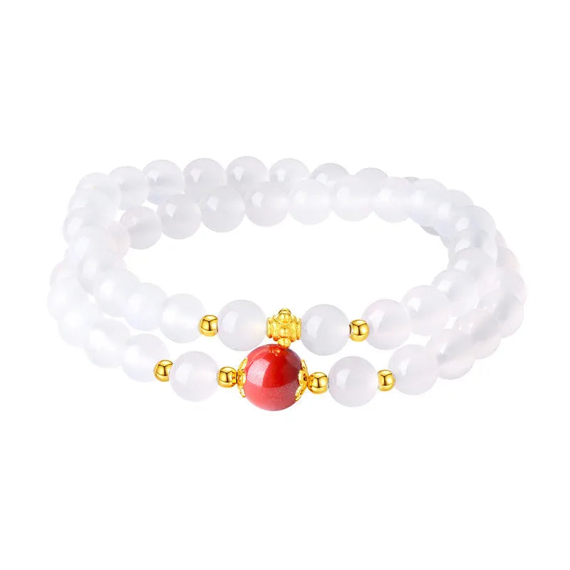 Women's double-layer white agate polished bracelet with 6mm geometric beads in national style
