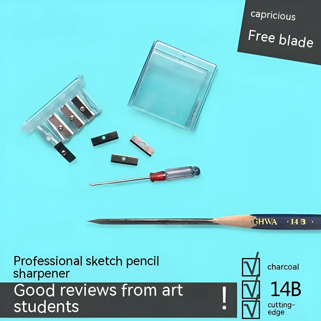 Four holes pencil sharpener with geometric plastic design and integrated screwdriver tool