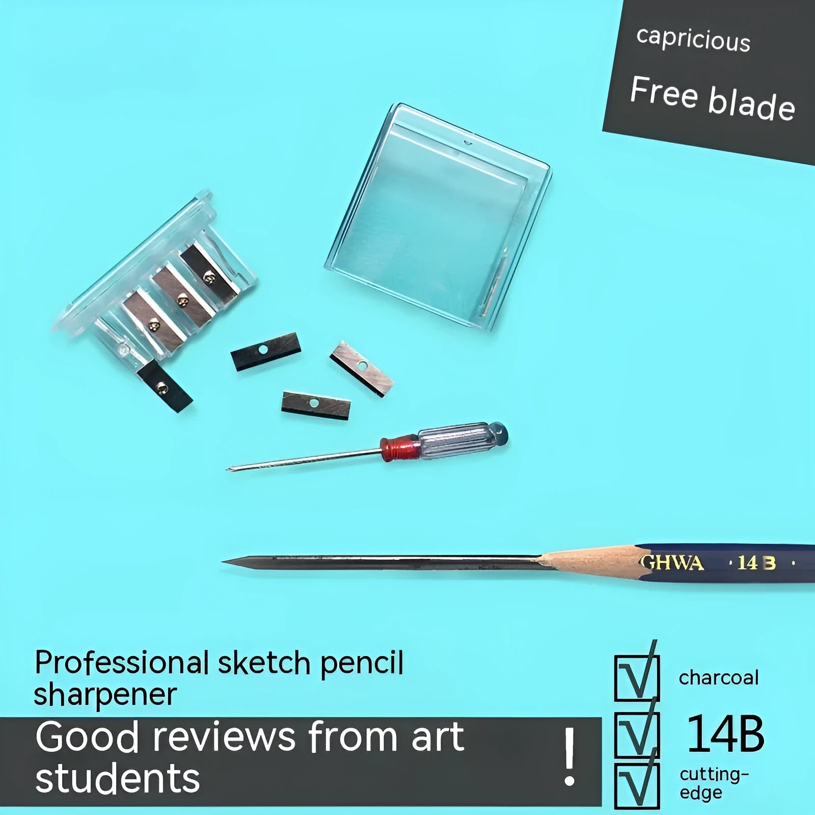 Four holes pencil sharpener with geometric plastic design and integrated screwdriver tool