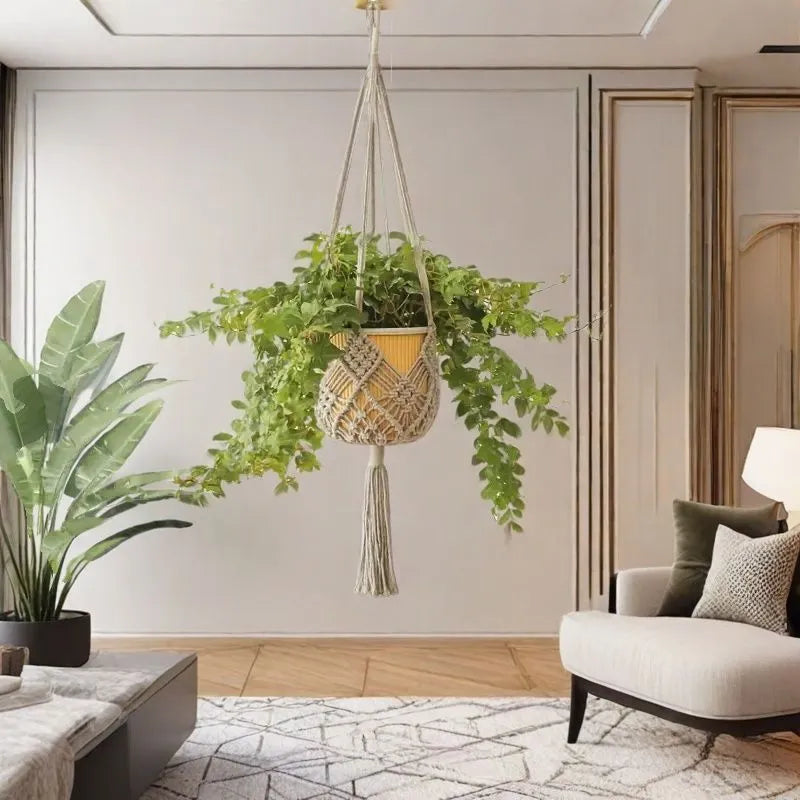 Hand-woven brown polyester cotton flower pot with net pocket extension cord for indoor plants