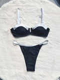 Black low waist bikini women's swimsuit with split stitching detail, brief style swimwear