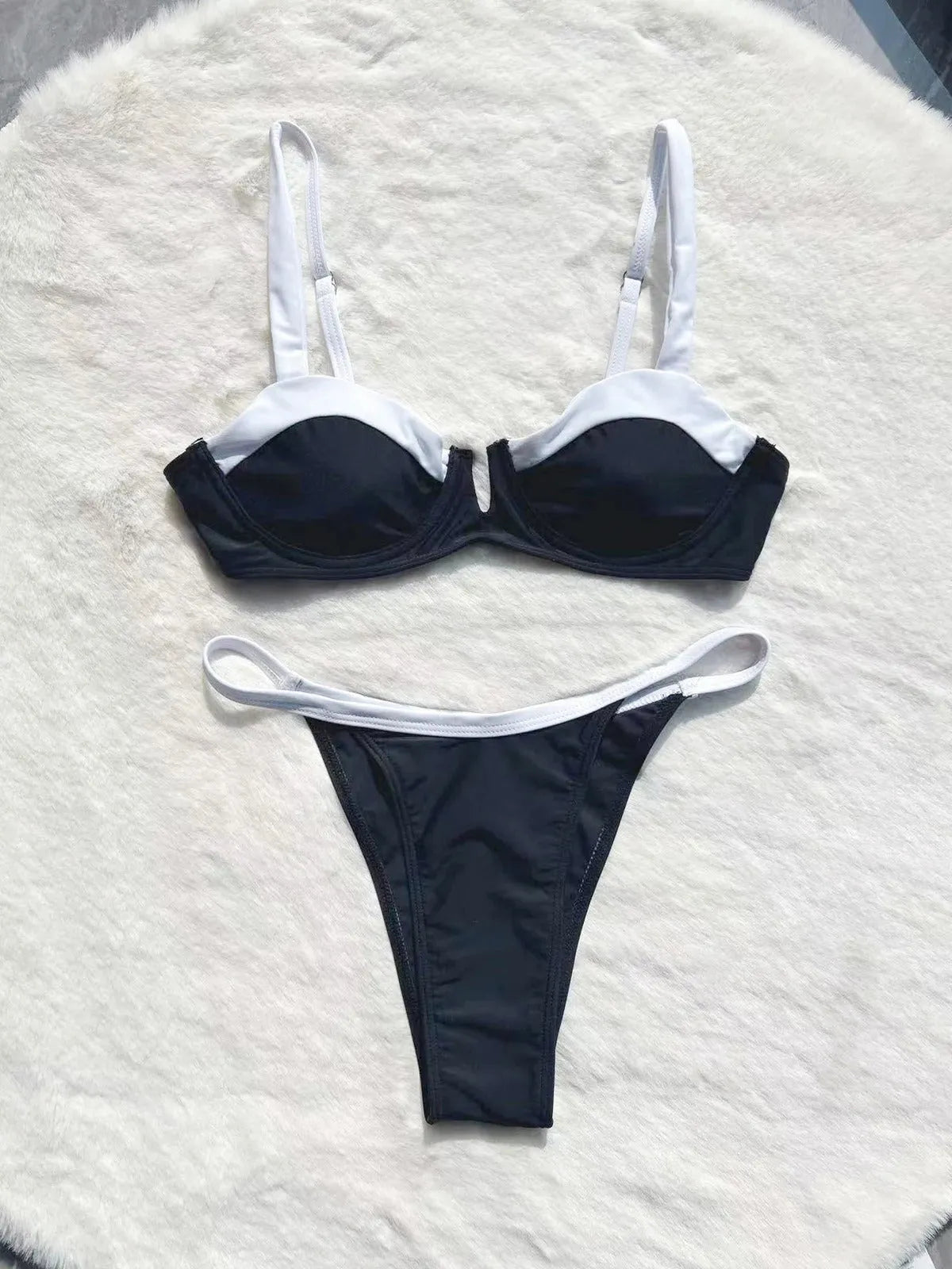 Black low waist bikini women's swimsuit with split stitching detail, brief style swimwear
