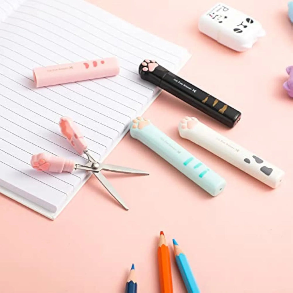 Cat paw mini folding scissors in pink, white, black, and blue colour options