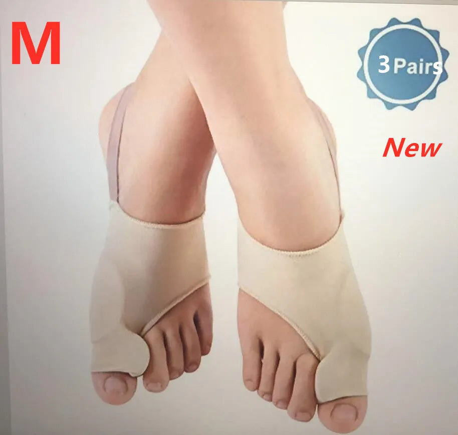 Valgus toe separator corrective socks with silicone gel bunion pad shown in sizes S, M, and L.