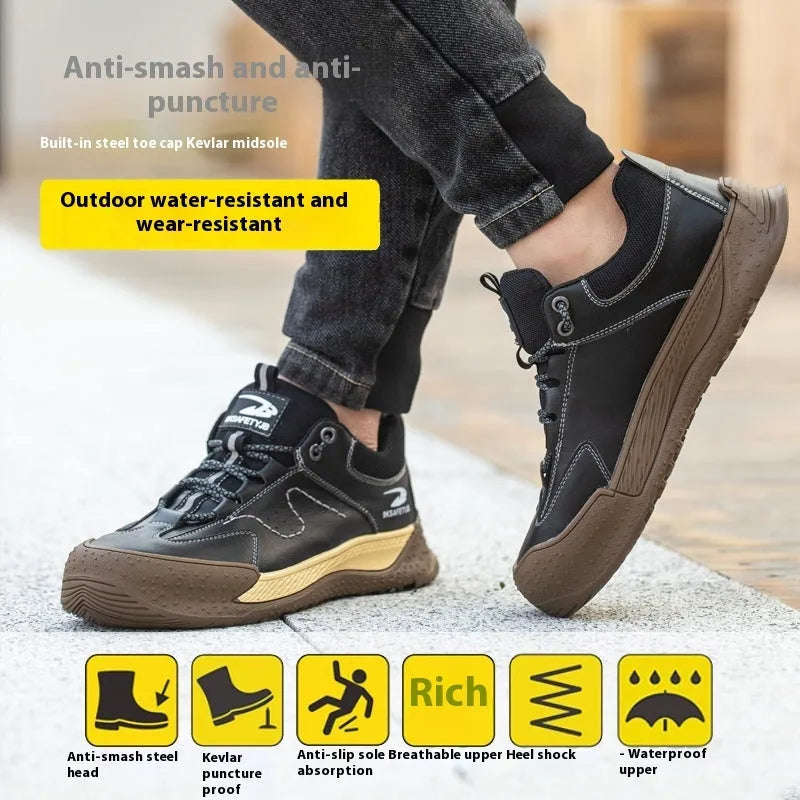 Flyknit work safety shoes in leather with rubber sole for construction and warehouse use