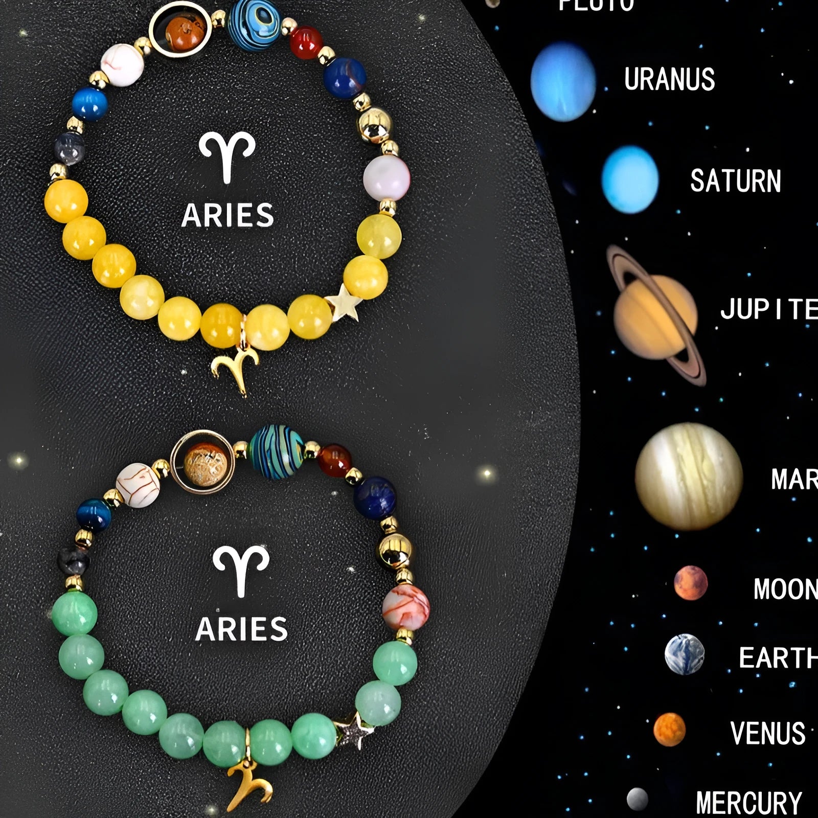 Set of twelve natural stone beaded bracelets, each with a different zodiac sign charm, on a white background.