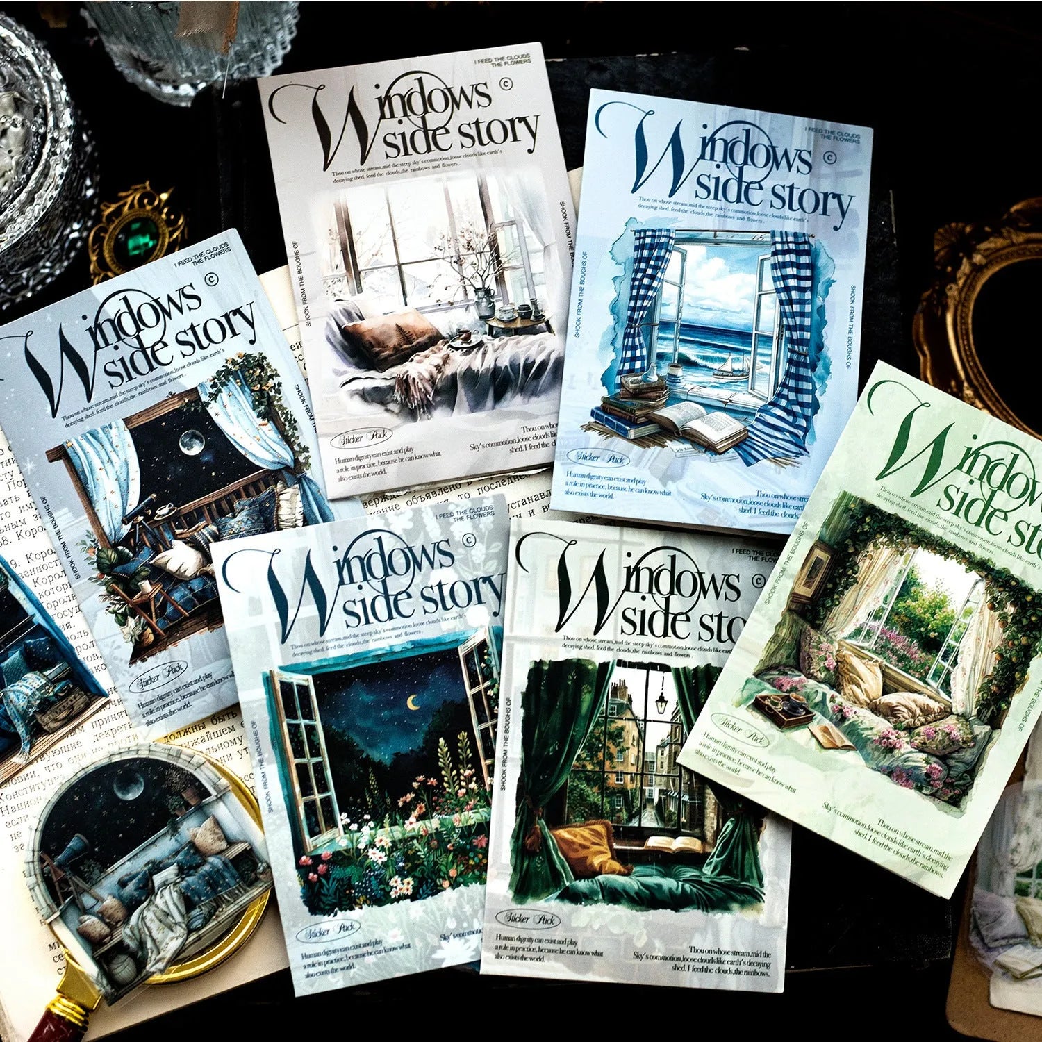 Retro style Window Story Series decorative journal stickers showing six different window-themed colour designs
