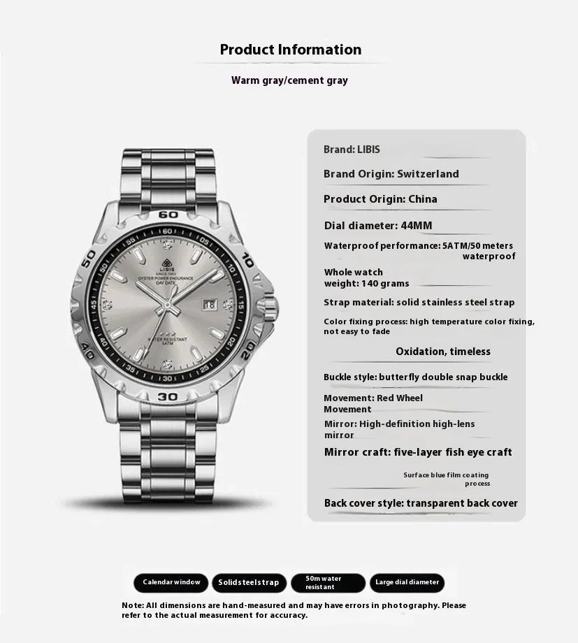 Men's silver business watch with luminous dial on stainless steel strap