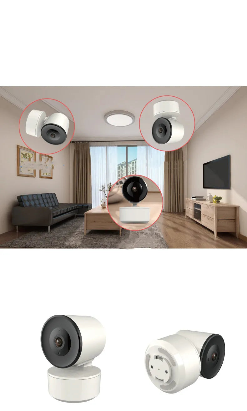 White indoor WiFi security camera with rotation capability and infrared sensors for night vision