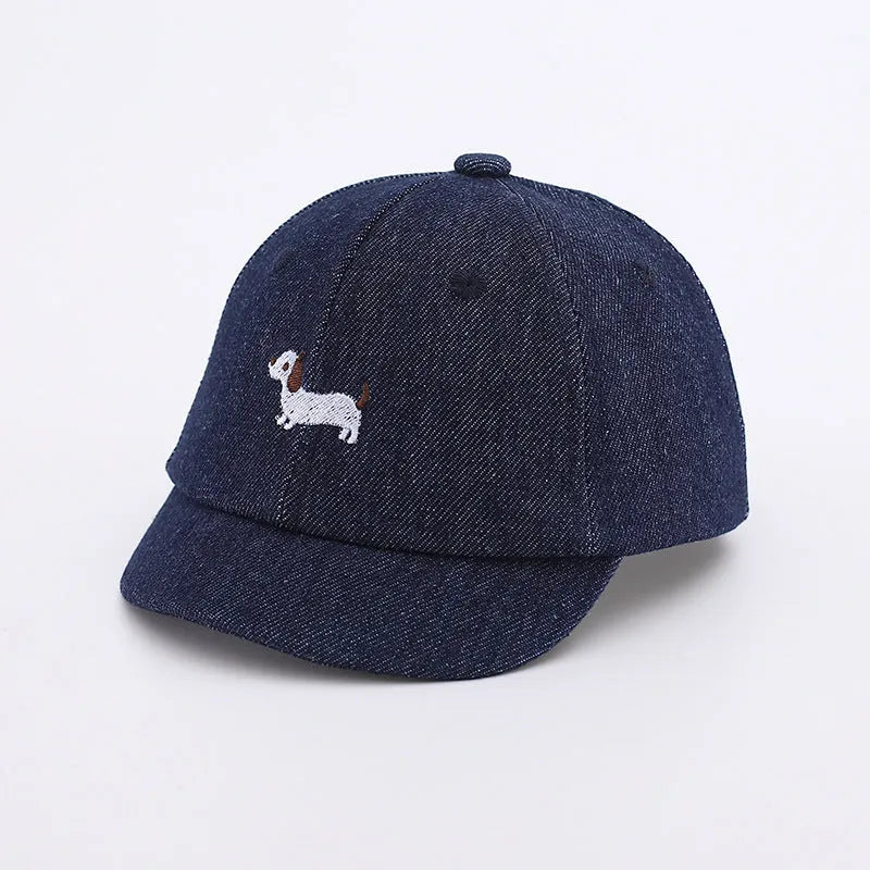 Babies denim baseball cap with puppy print in light blue, dome crown, 48cm size