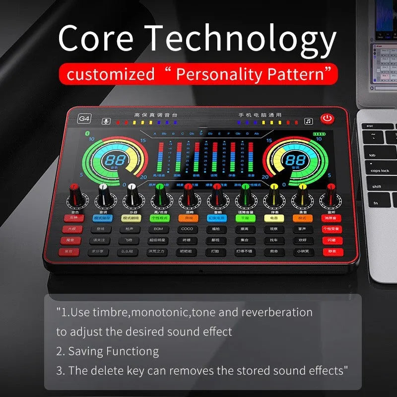 G4 professional live sound card with colour LCD screen, tuning knobs, and included microphone and cables