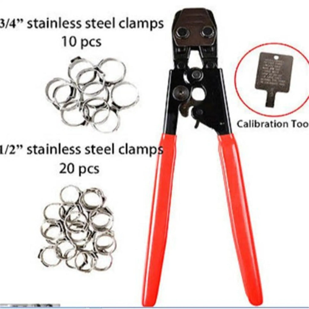 Red cloth single ear PEX clamp set with metal construction and carbon steel cutting edge