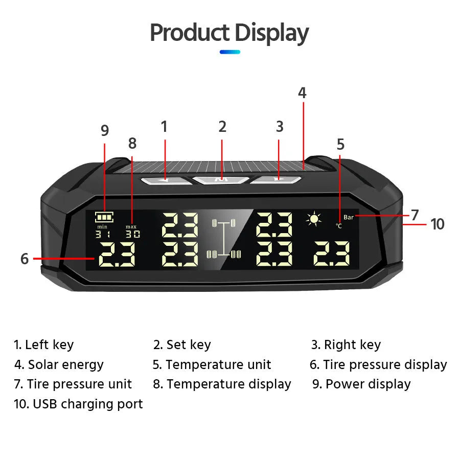 Solar tire pressure monitor system for 6 tires with colour display and external sensors