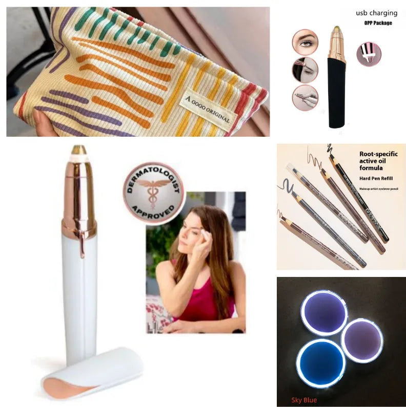 Eyebrow epilator pen with gold plated head and LED light on pink background