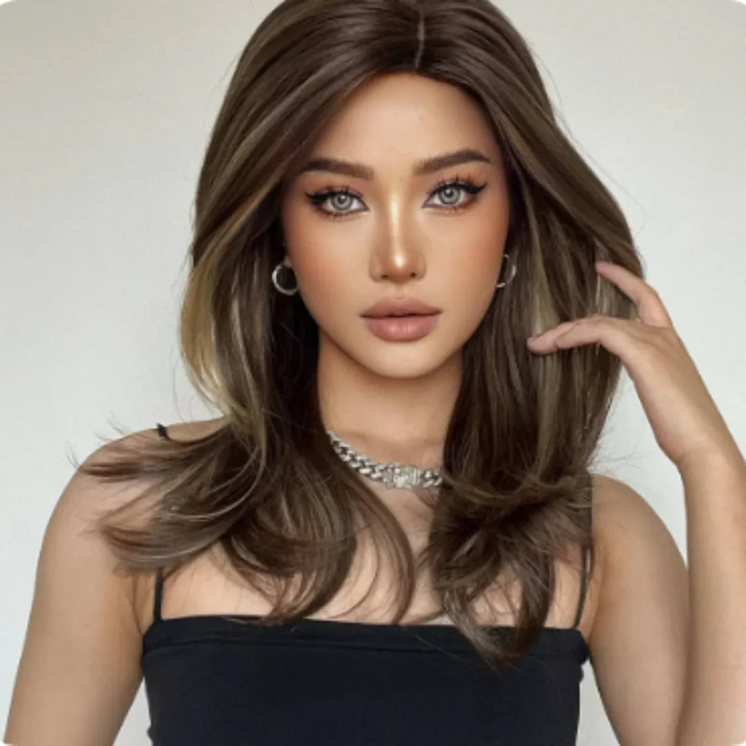 Mid-length gradient colour curly wig with long fringe in high-temperature fibre material