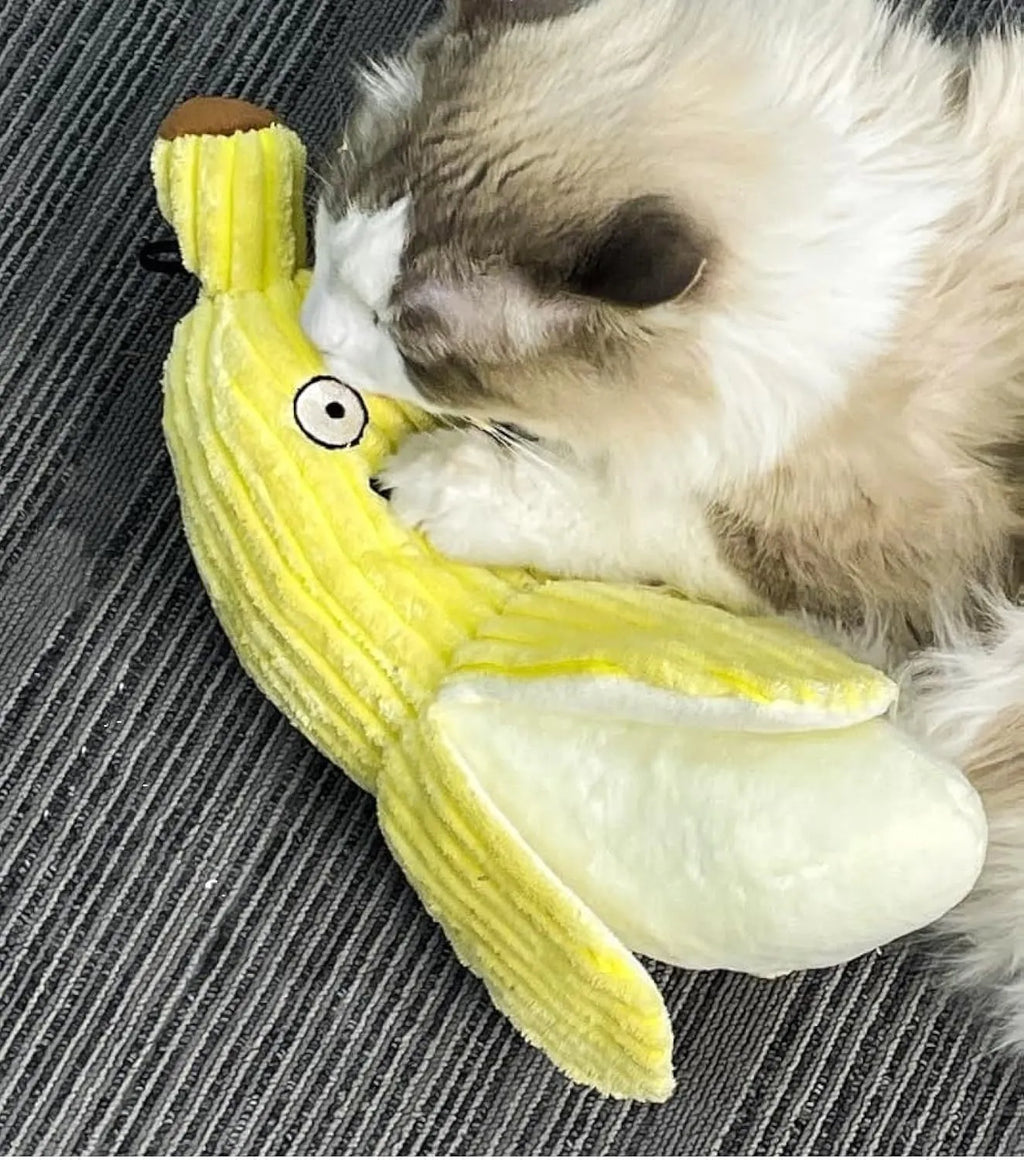 Yellow banana-shaped plush cat toy with crinkle paper sound element
