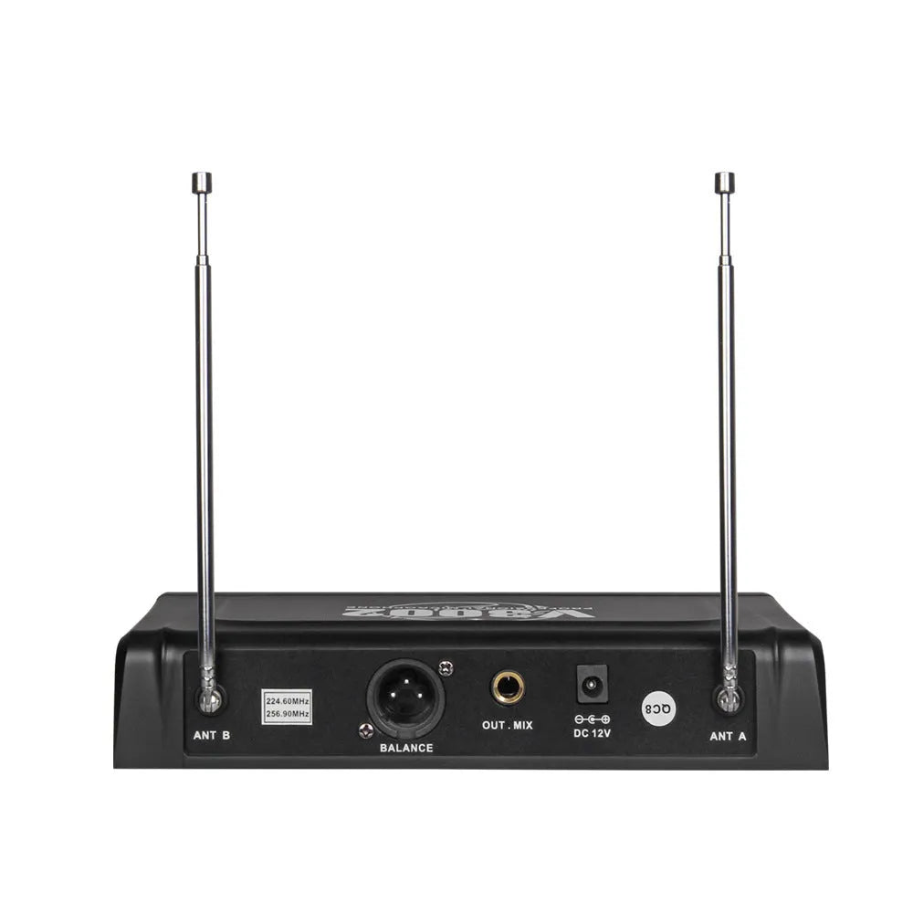 Black V-3002 wireless handheld microphone set with two mics and a transmitter unit