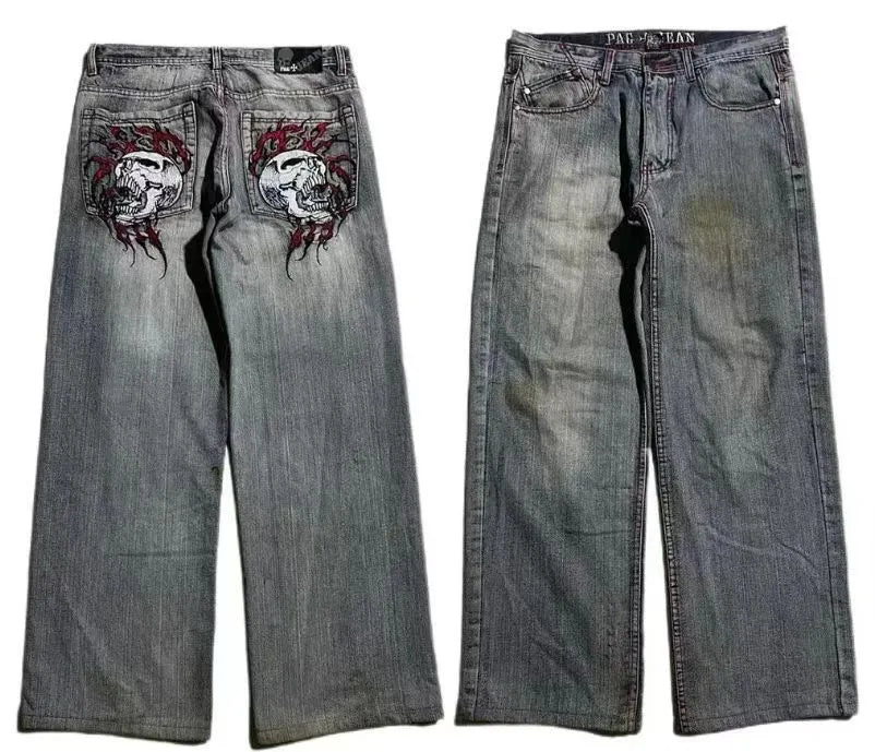Men's washed grey straight-leg jeans with a wide-leg casual workwear design on a neutral background.