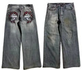 Men's washed grey straight-leg jeans with a wide-leg casual workwear design on a neutral background.