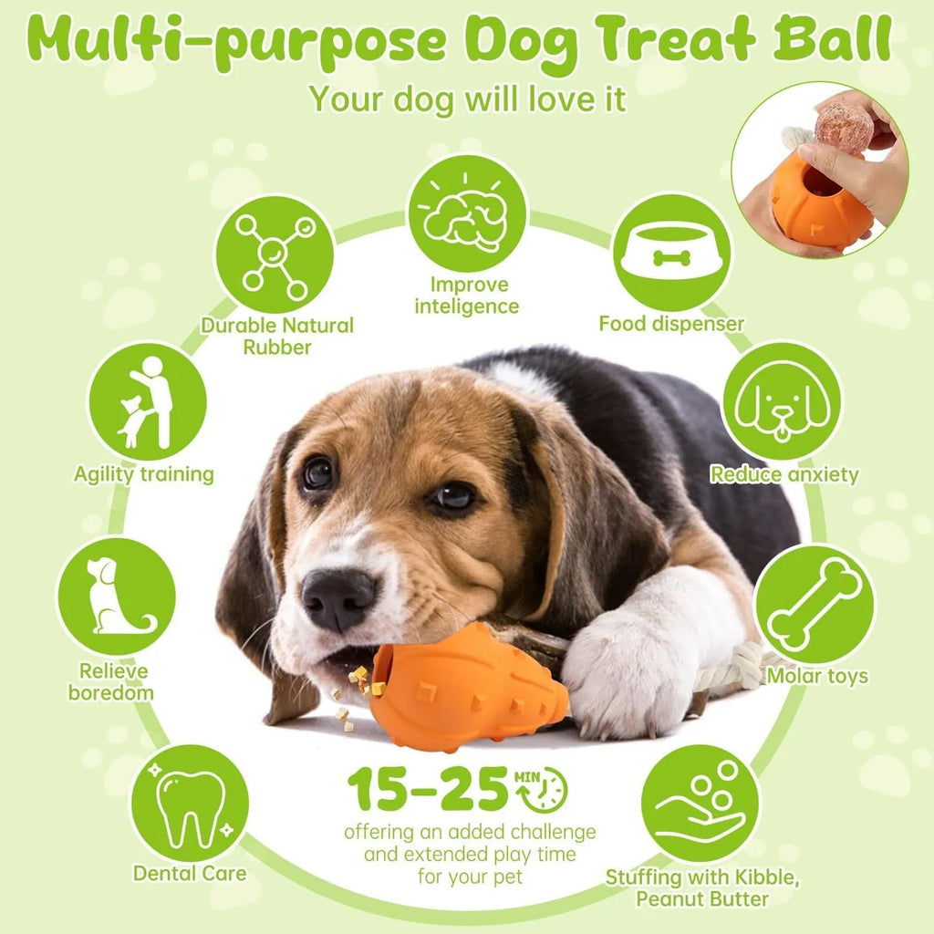 A long, brown, natural rubber stuffable dog toy for small medium breeds, shown with a treat inside.