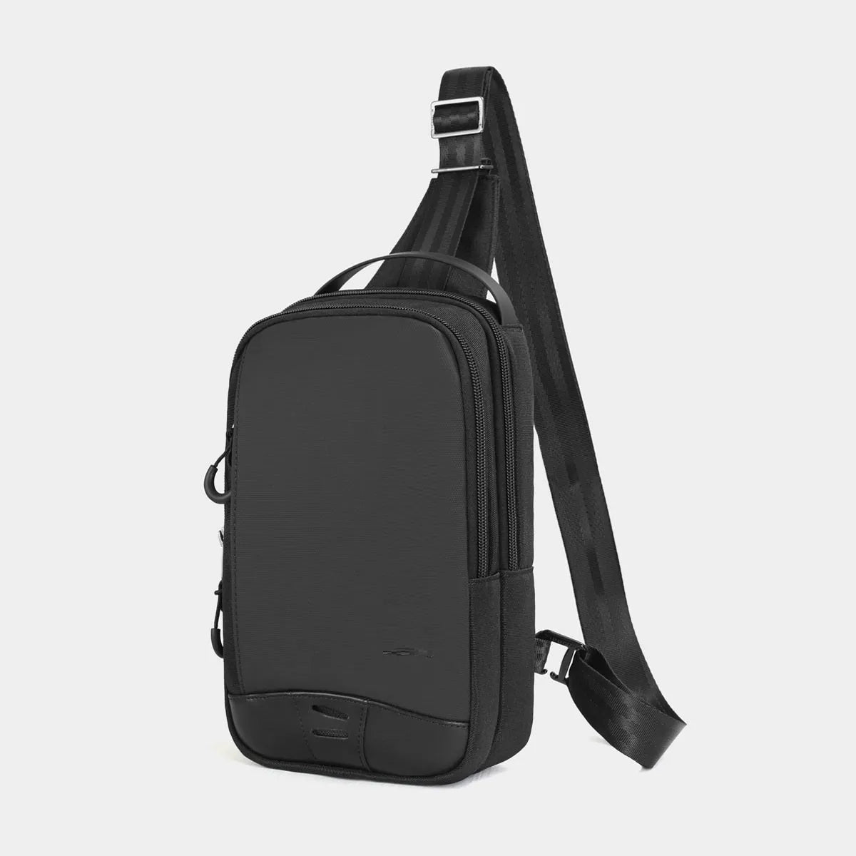 Casual black waterproof TPU chest pack with shoulder strap and soft handle in a street style.