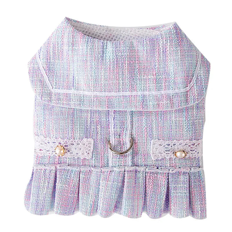 Purple and pink polyester pet clothes for small cats and dogs in four different sizes