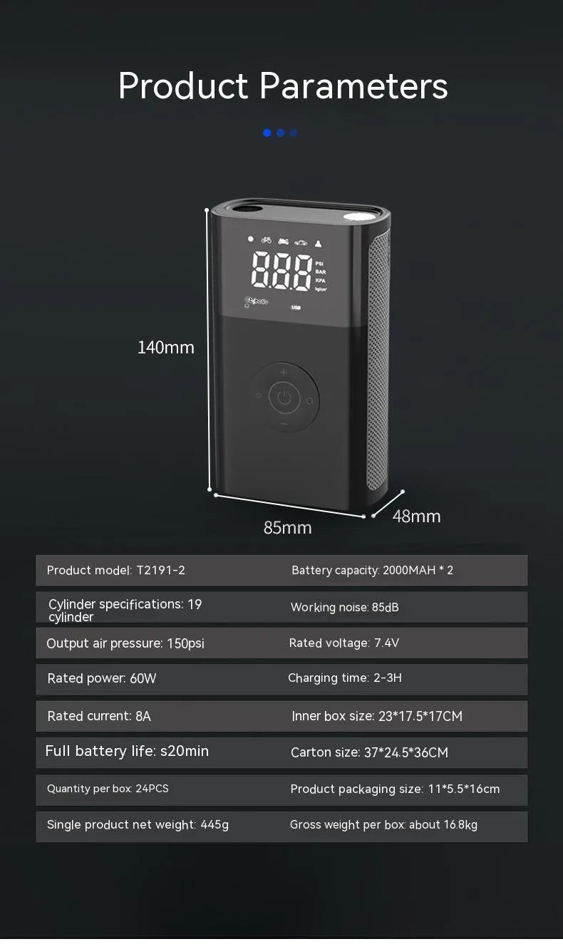 Handheld wireless digital air pump with ABS body and display screen for car and bicycle tire inflation