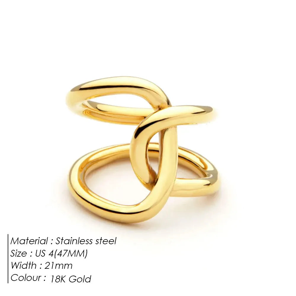 Women's adjustable stainless steel ring with knotted geometric design in gold or steel colour.