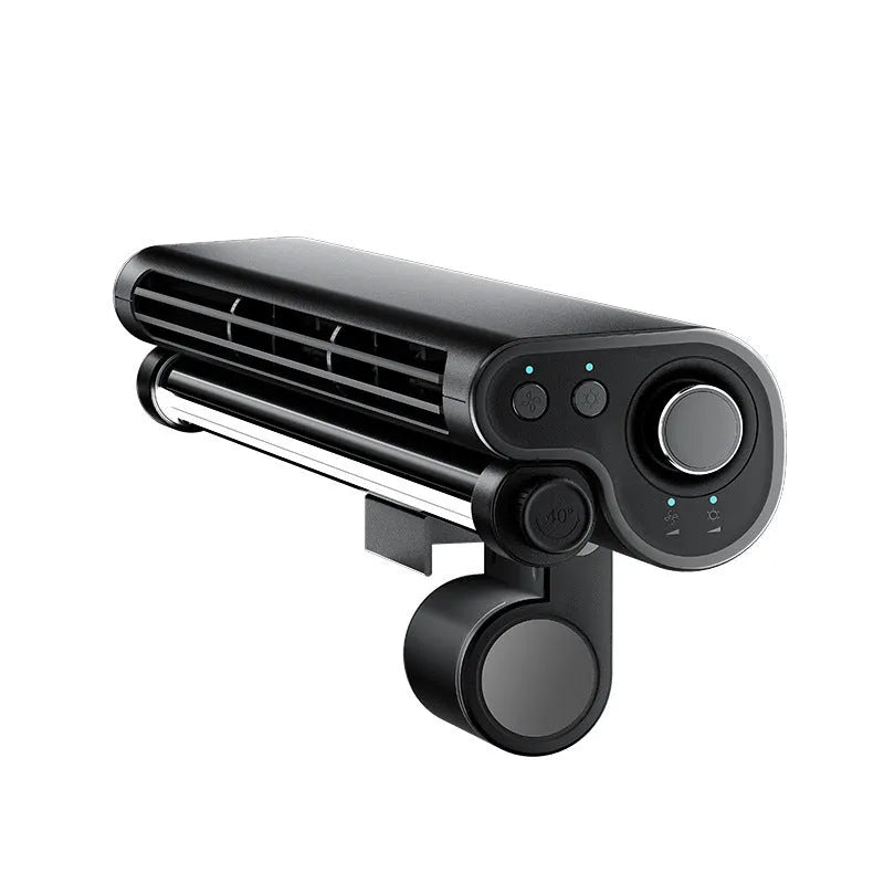 Black USB-powered bladeless clip-on desk fan with LED lighting lamp for computer screens