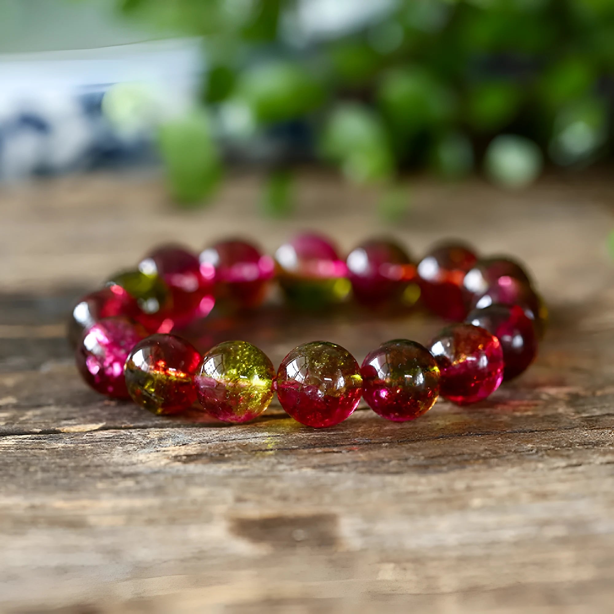 Handmade watermelon crystal bead bracelet with pastoral design elements on wrist