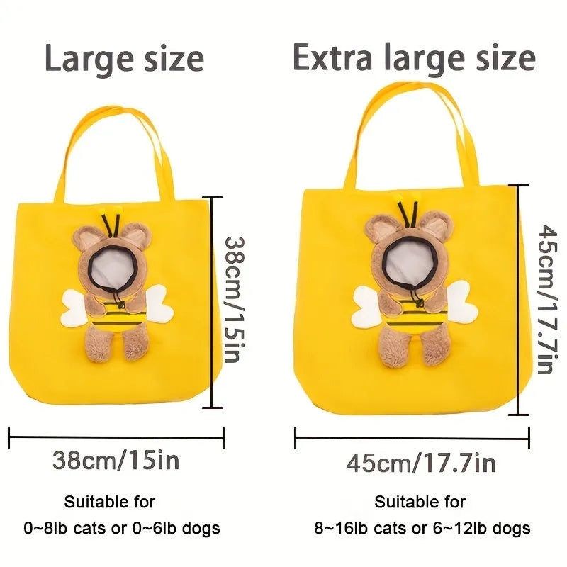 Canvas pet carrier bag with animal patterns and safety zippers in blue colour