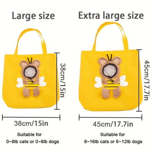 Canvas pet carrier bag with animal patterns and safety zippers in blue colour
