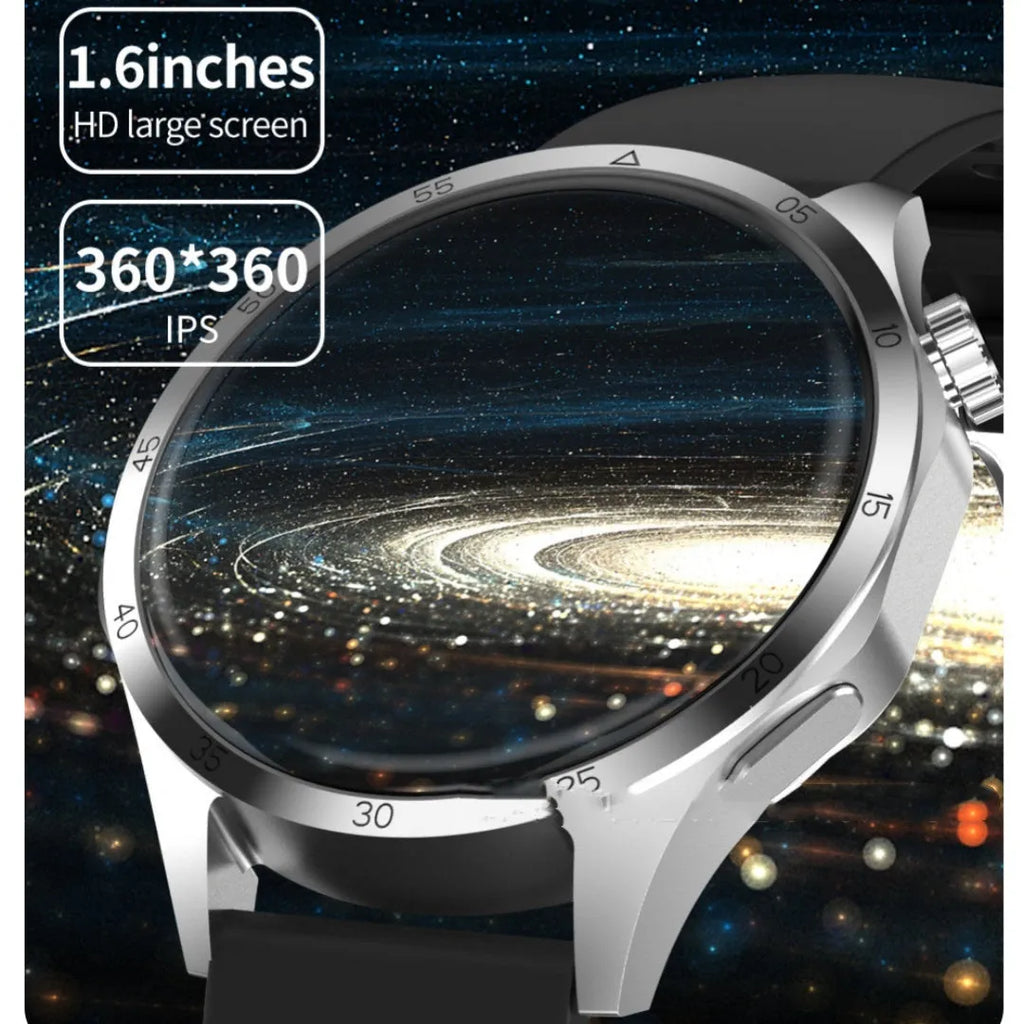 Black smartwatch with Bluetooth calling on a silicone strap, displaying health metrics on its TFT touch screen.