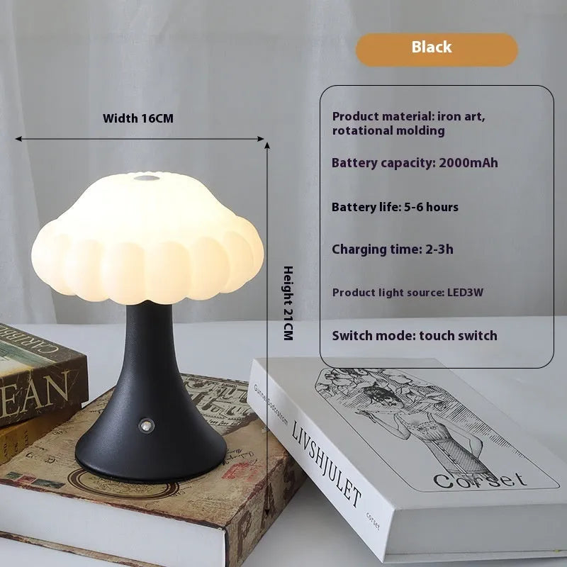 Mushroom-shaped touch lamp with USB charging in wood grain, white, cream, grey, or black for bar and cafe decoration